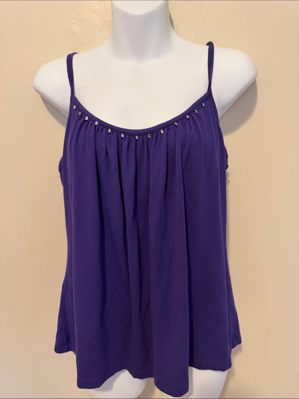 New York & Company Purple Spaghetti Strap Tank with Bead Accents